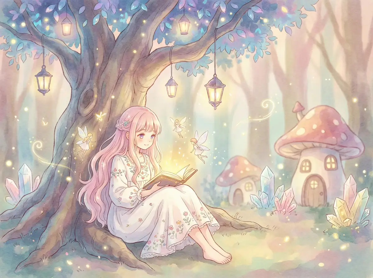 阿片快播 - 魔法森林中阅读故事书的粉发少女与精灵